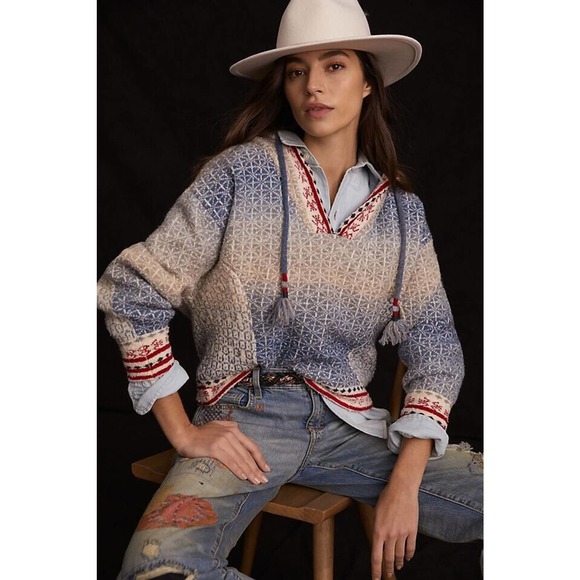 Anthropologie Abstract Hoody Size XSmall Blue Pullover Tassel Sweater - Picture 1 of 10